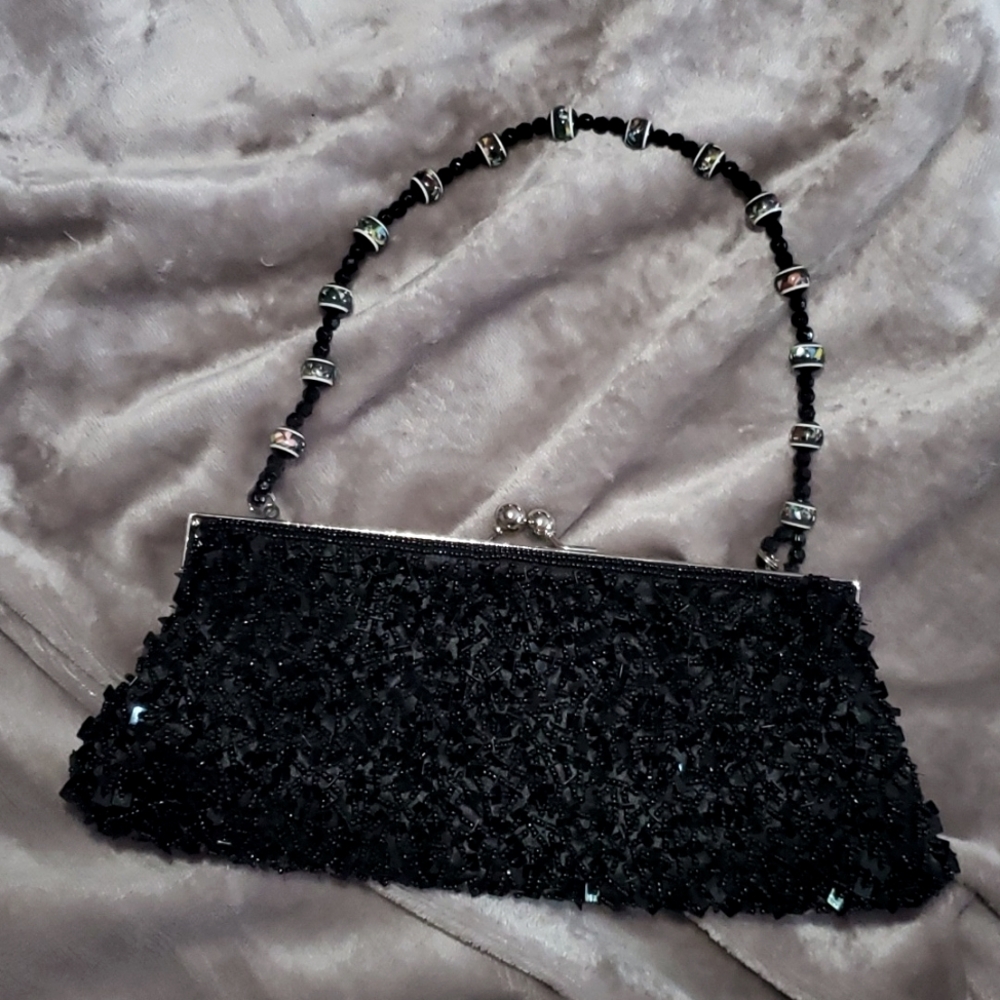 Black Beads & Square Sequins Evening Handbag - Black